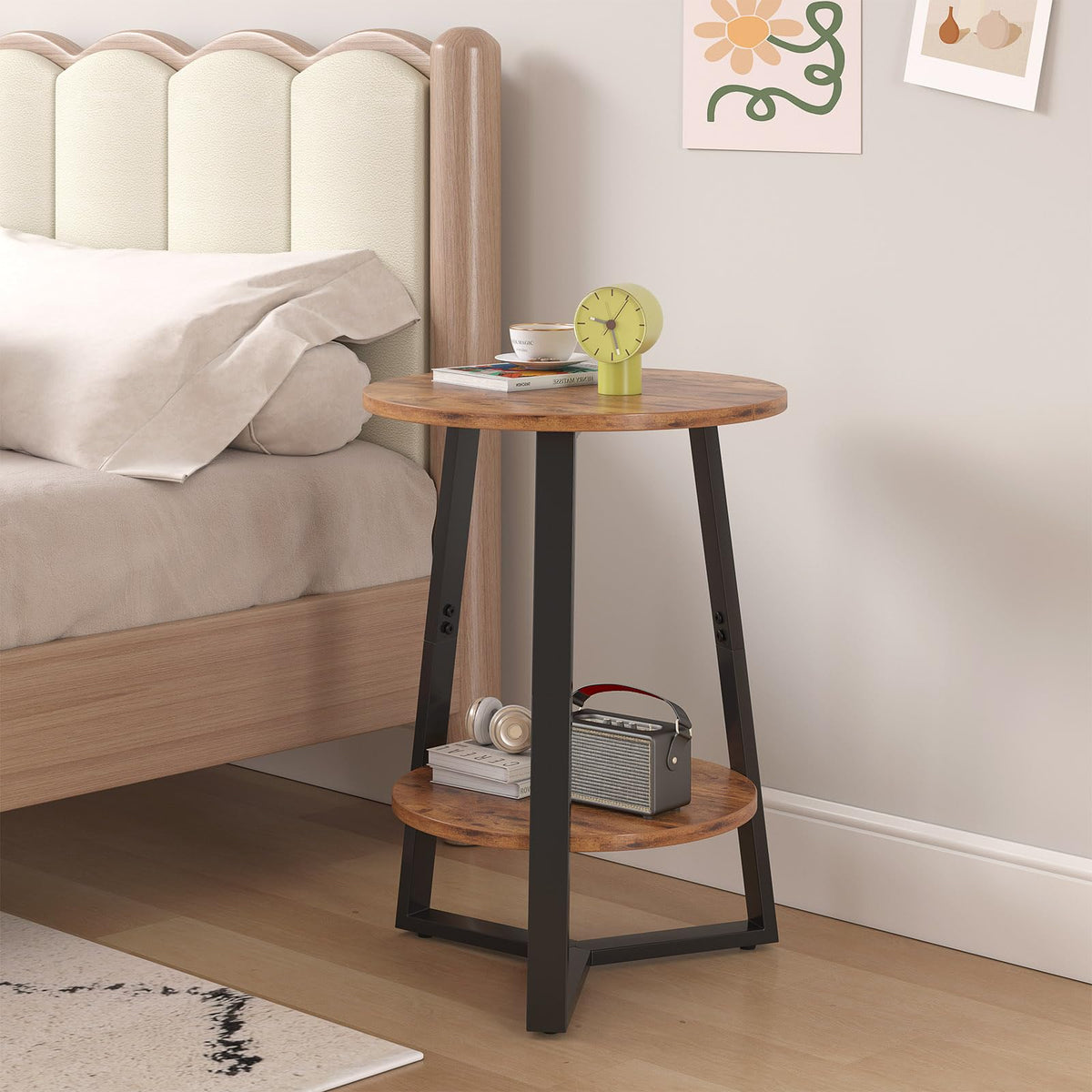 Small Round End Table Set of 2, 2 Tier Side Table with Storage Shelf, Rustic Brown X994481
