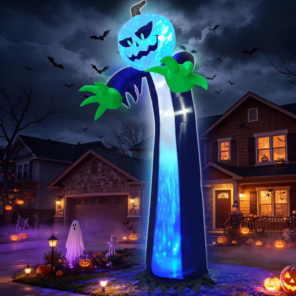 14 Ft Inflatable Pumpkin Ghost Decoration with Rotating LED Light Y1269