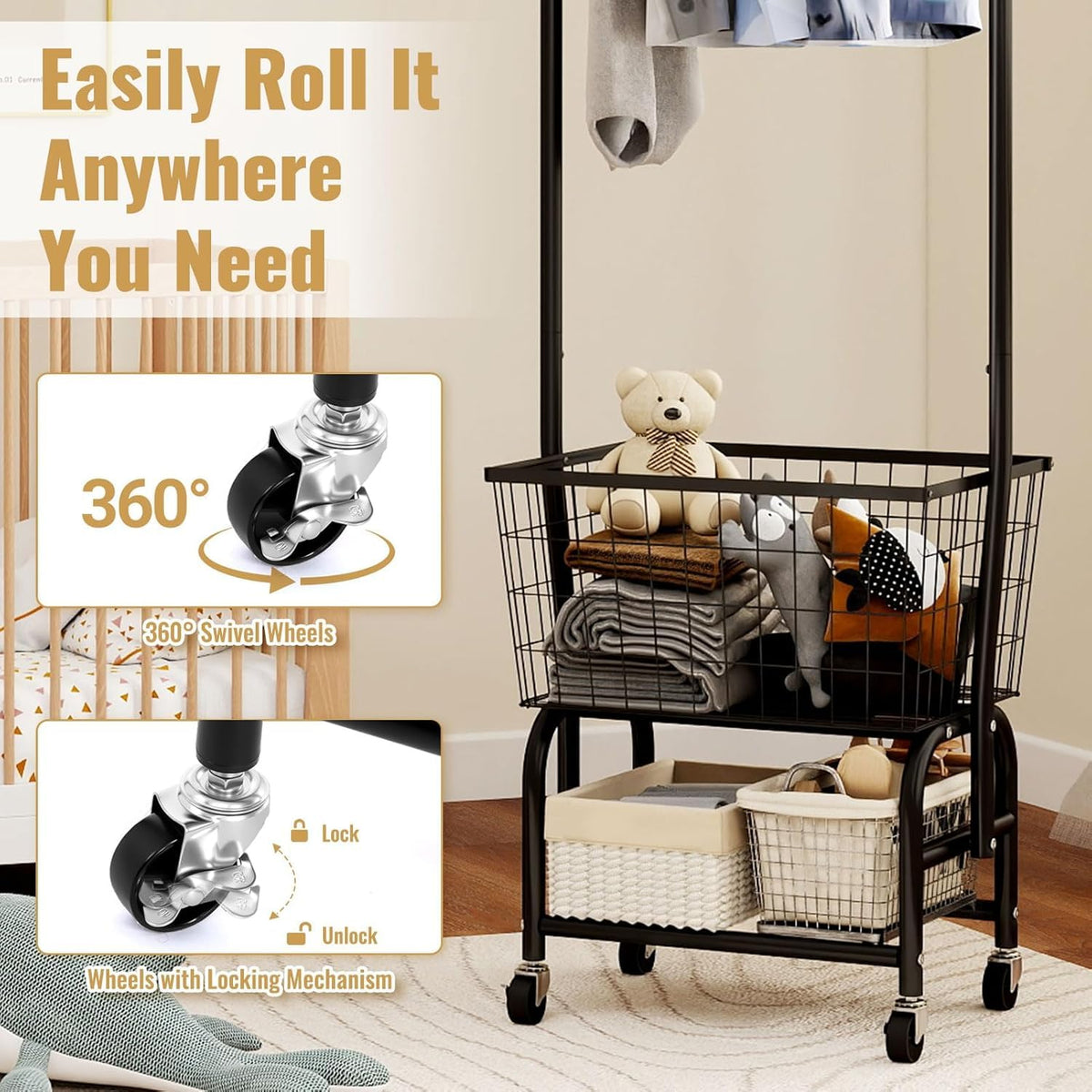 Black Rolling Laundry Cart with Hanging Rack B252368