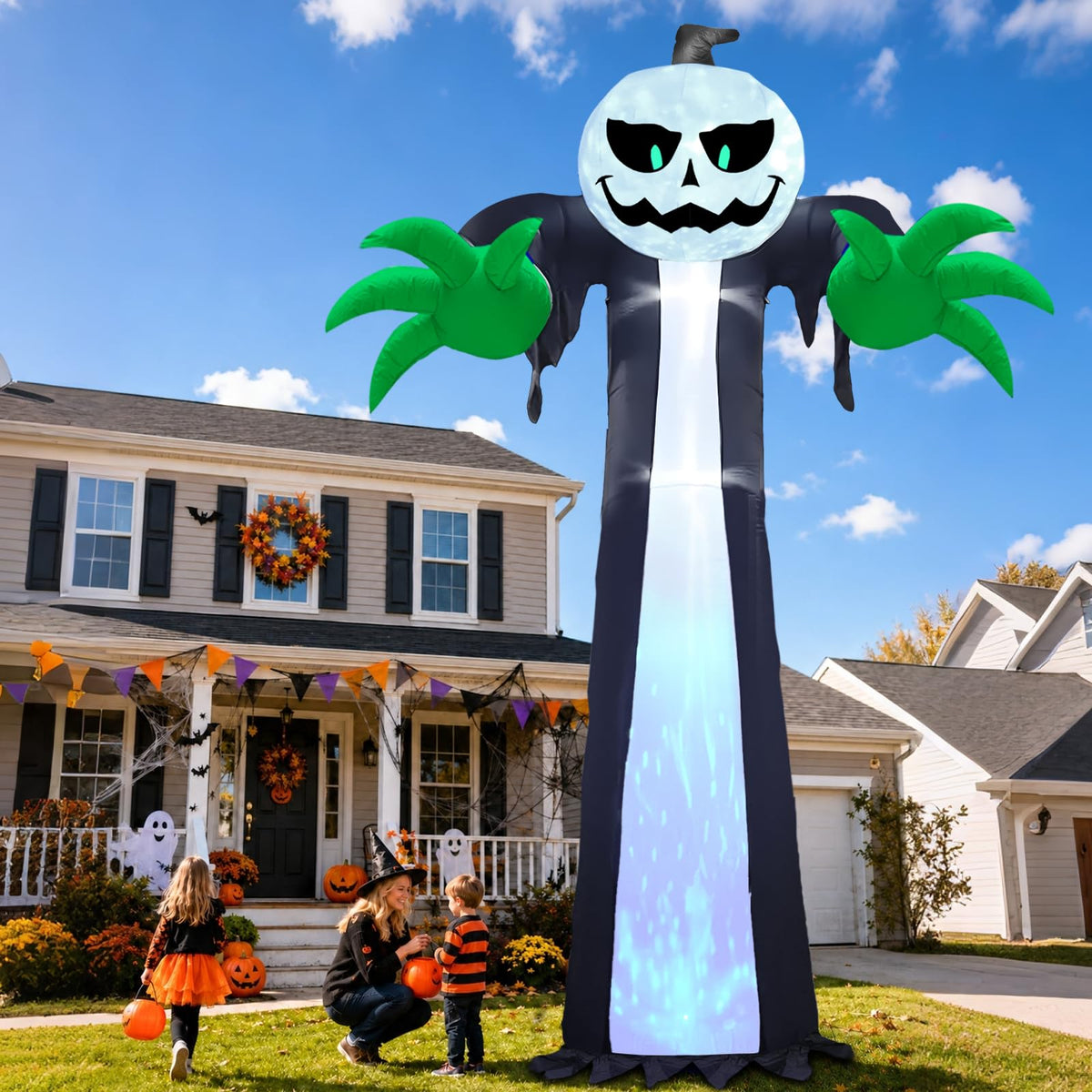 14 Ft Inflatable Pumpkin Ghost Decoration with Rotating LED Light Y1269