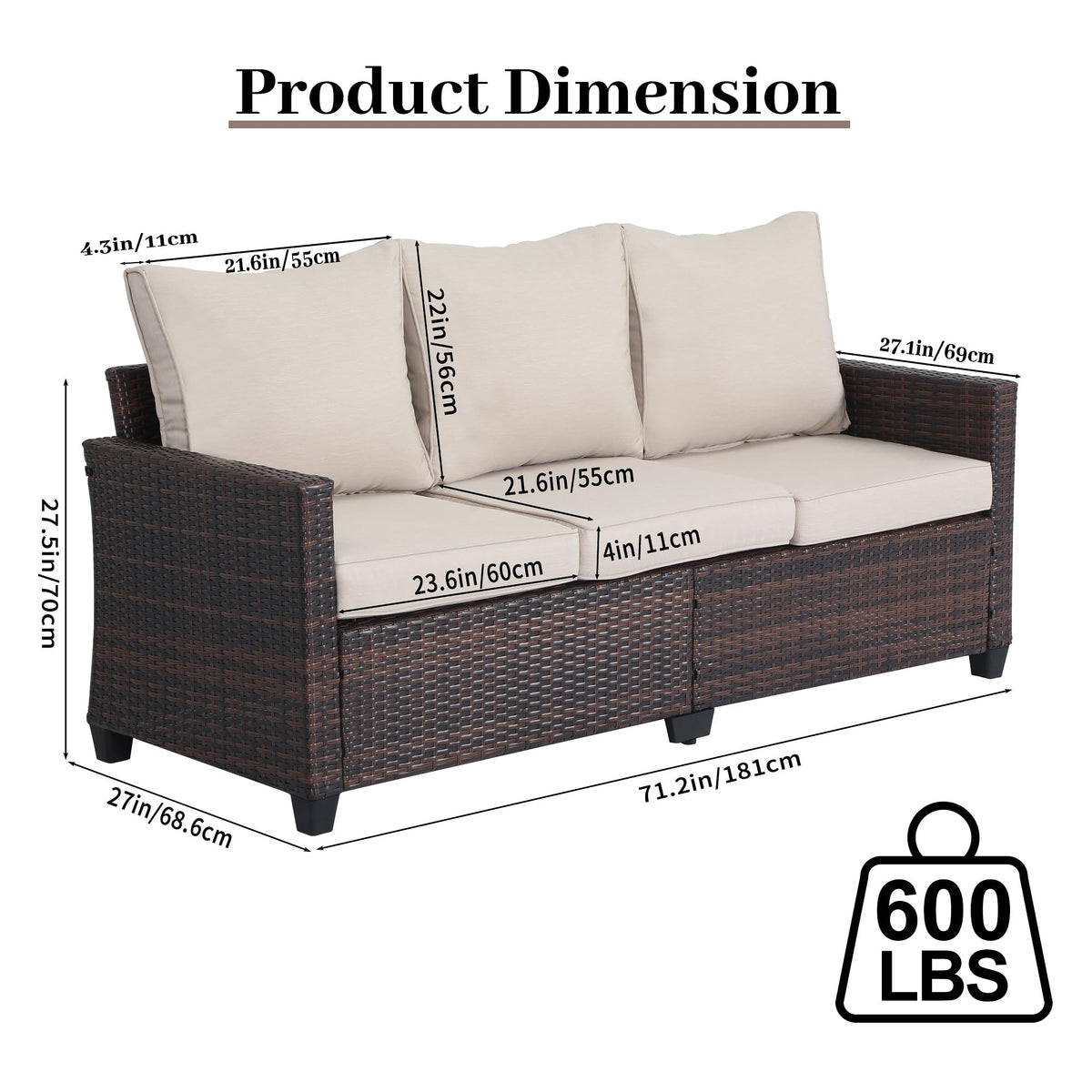 Rattan 3-Seater Outdoor Sofa with Blue Cushions U431917