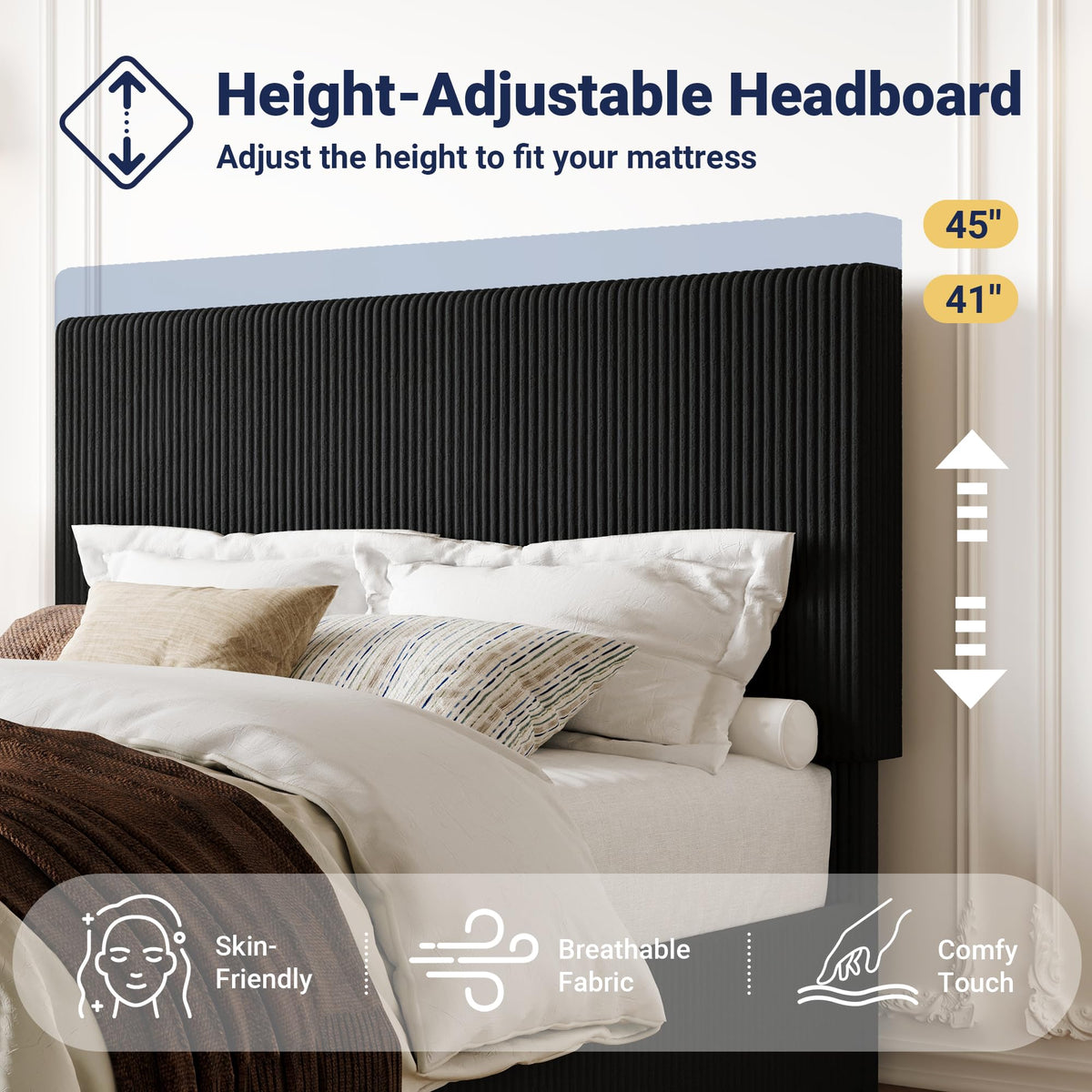 Queen Bed Frame with Adjustable Corduroy Headboard Q631