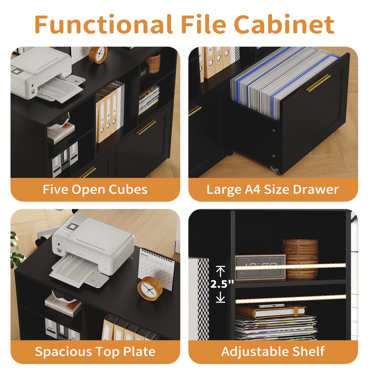 Black 2 Drawer Lateral File Cabinet with Open Storage Cubes O671