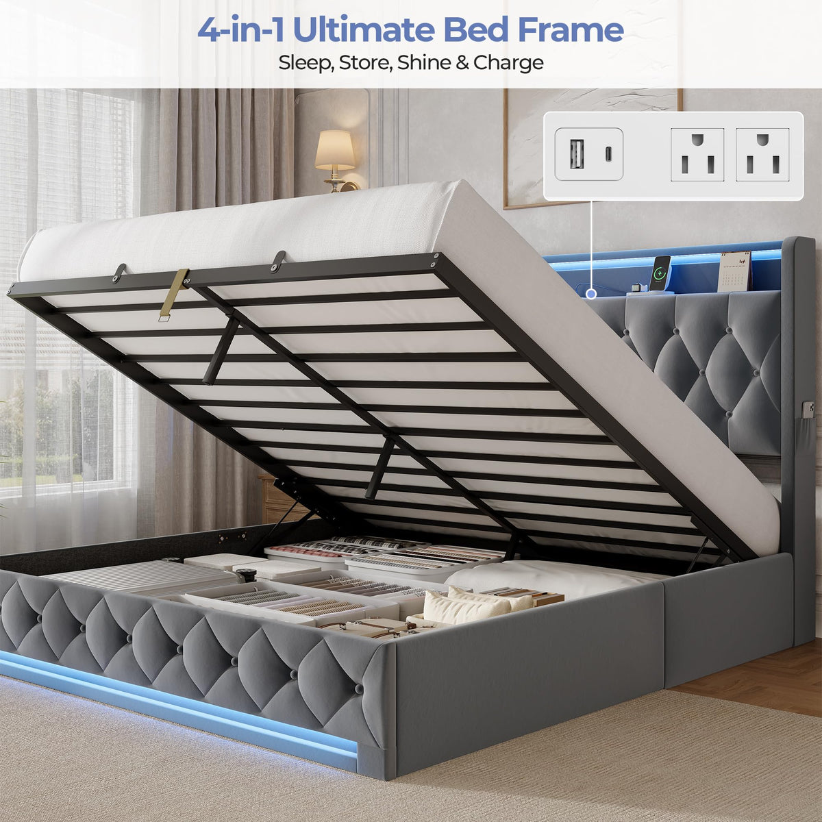 Full Size Hydraulic Lift Up Storage Bed Frame with Shelves, Side Pockets & Charging Station, Upholstered LED Platform Bed with Button Tufted Headboard, No Box Spring Needed, Velvet Grey Y1920