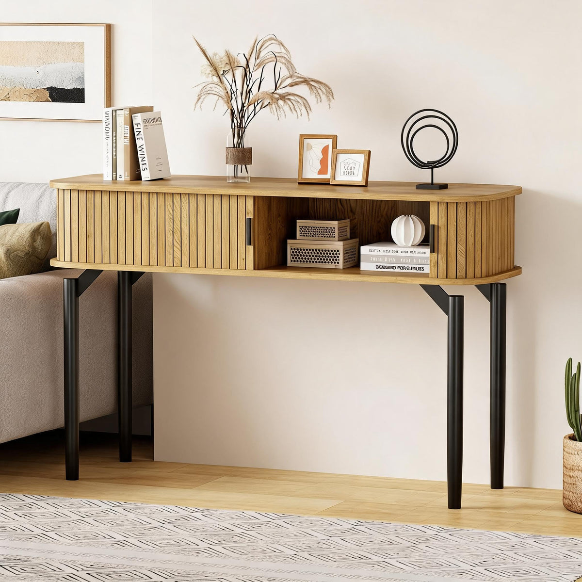 47" Fluted Narrow Console Table with 2 Drawers & Sliding Door L895490