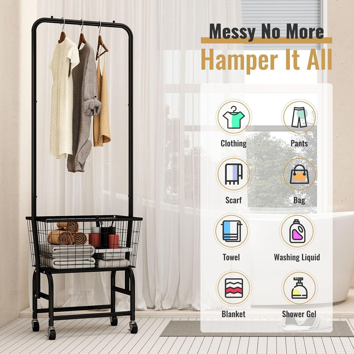 Black Rolling Laundry Cart with Hanging Rack B252368