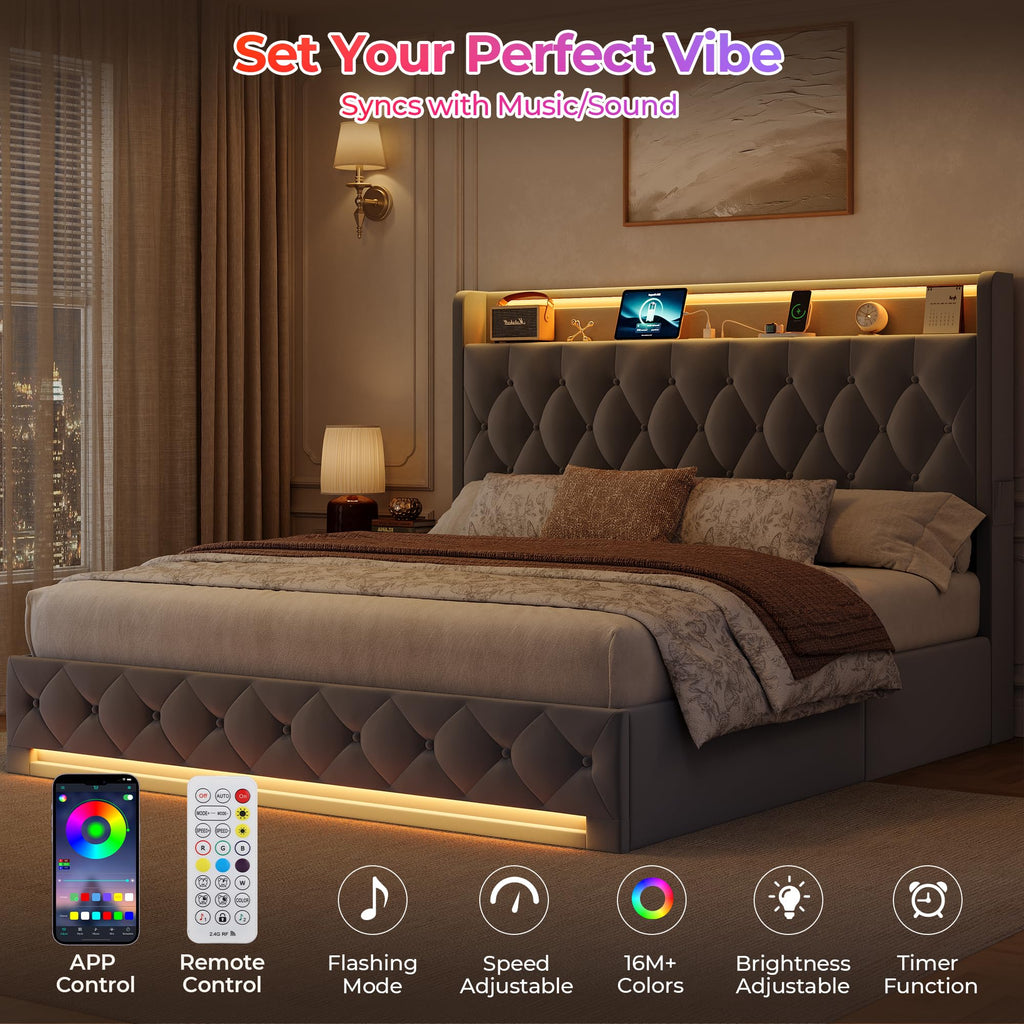 Full Size Hydraulic Lift Up Storage Bed Frame with Shelves, Side Pockets & Charging Station, Upholstered LED Platform Bed with Button Tufted Headboard, No Box Spring Needed, Velvet Grey Y1920