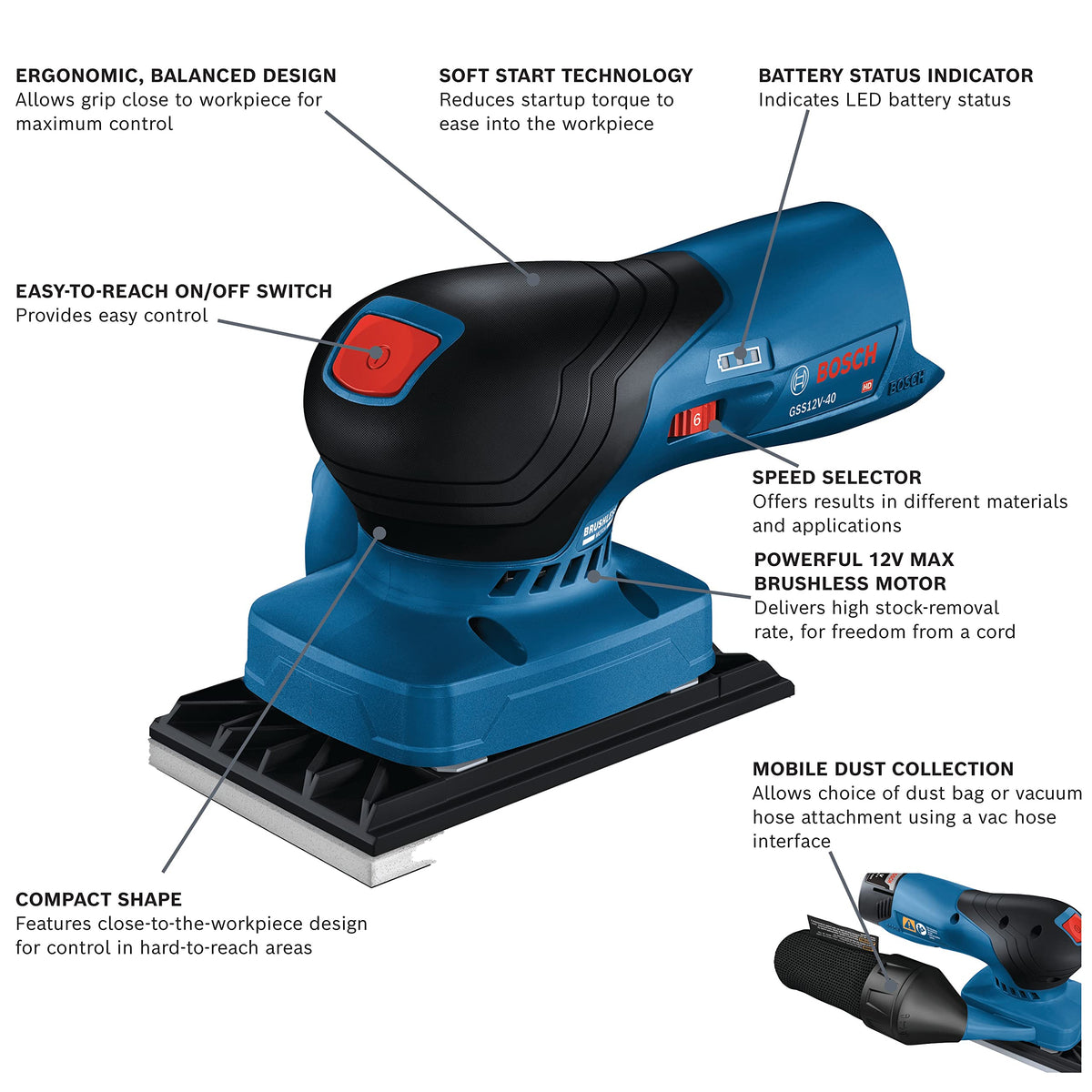 12V Brushless Orbital Finishing Sander with Dust Bag E36831