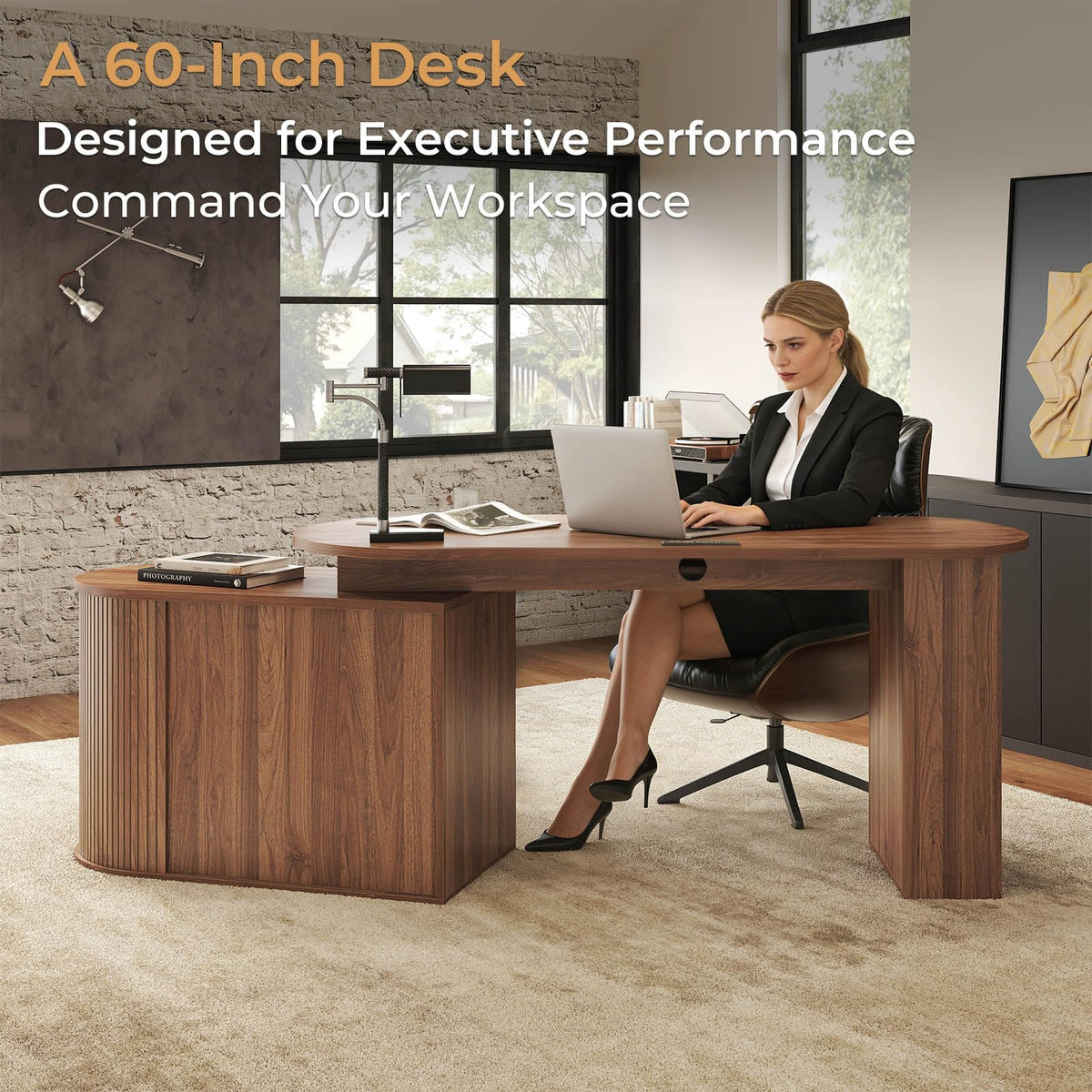 L Shaped Corner Desk with Storage Cabinet Walnut 60 Inch R434114