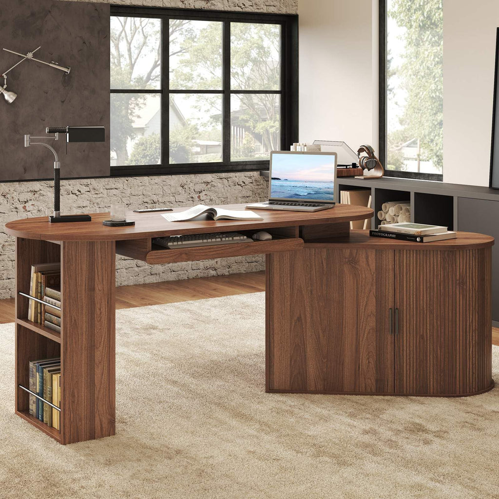 L Shaped Corner Desk with Storage Cabinet Walnut 60 Inch R434114