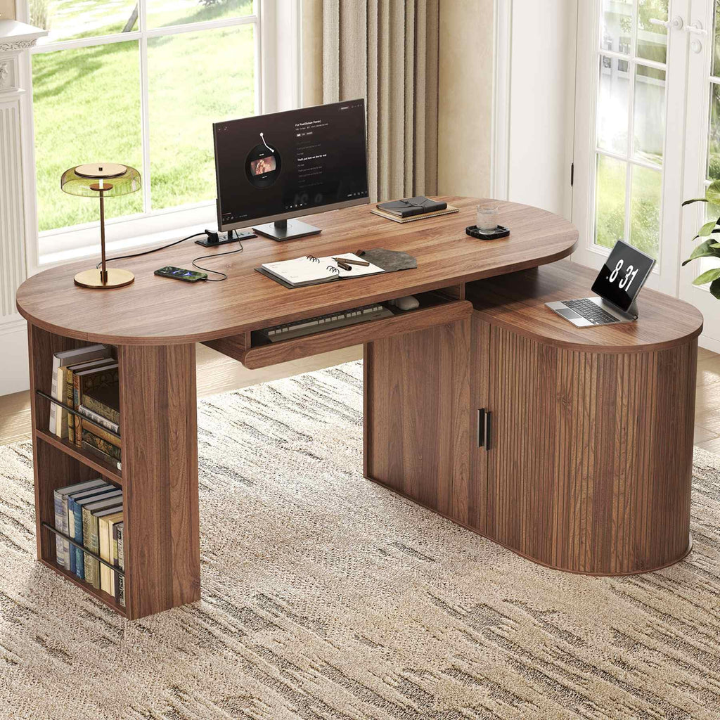 L Shaped Corner Desk with Storage Cabinet Walnut 60 Inch R434114