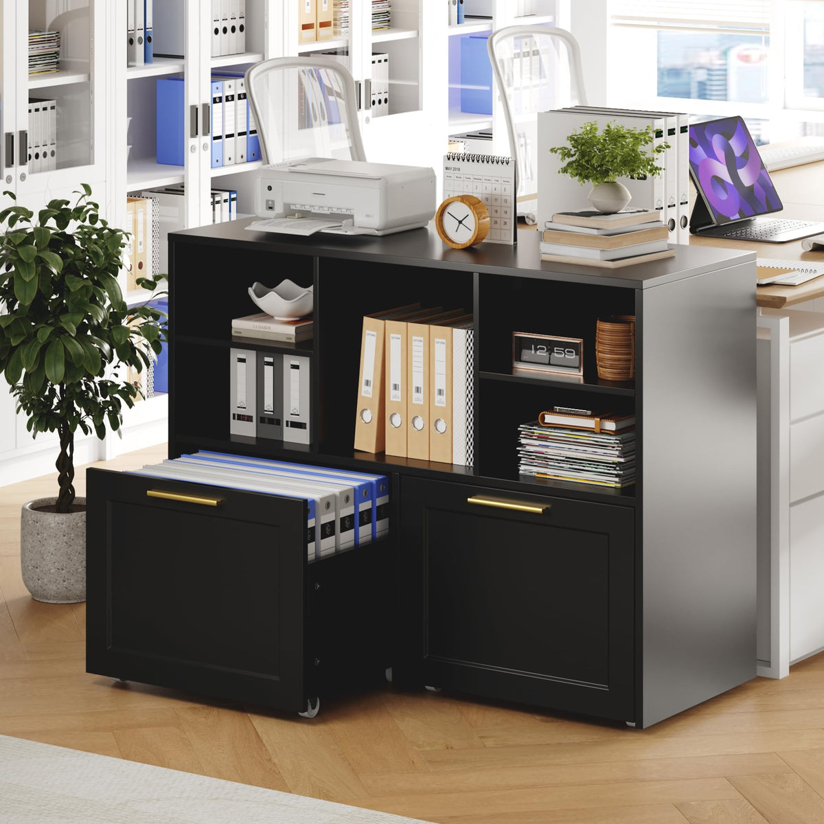 Black 2 Drawer Lateral File Cabinet with Open Storage Cubes O671