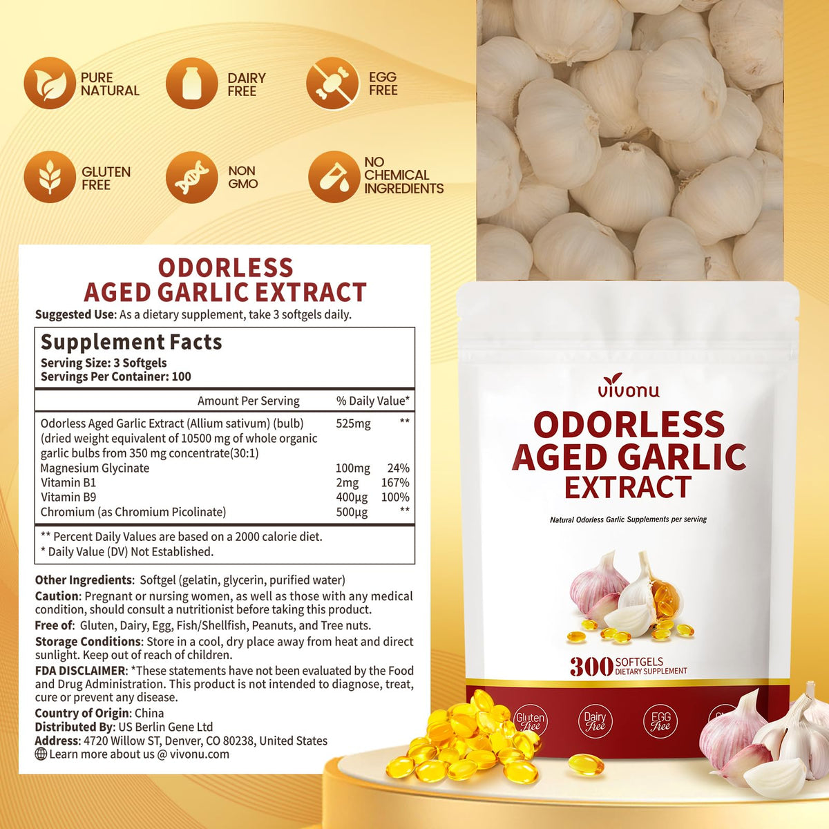 Aged Garlic Extract Capsules, 300 Softgels, Odorless, Gluten Free R169