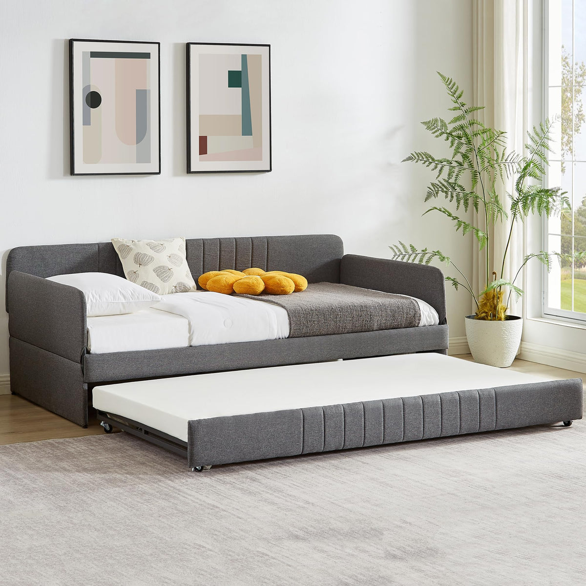 Twin Size Gray Linen Upholstered Daybed with Trundle F12437