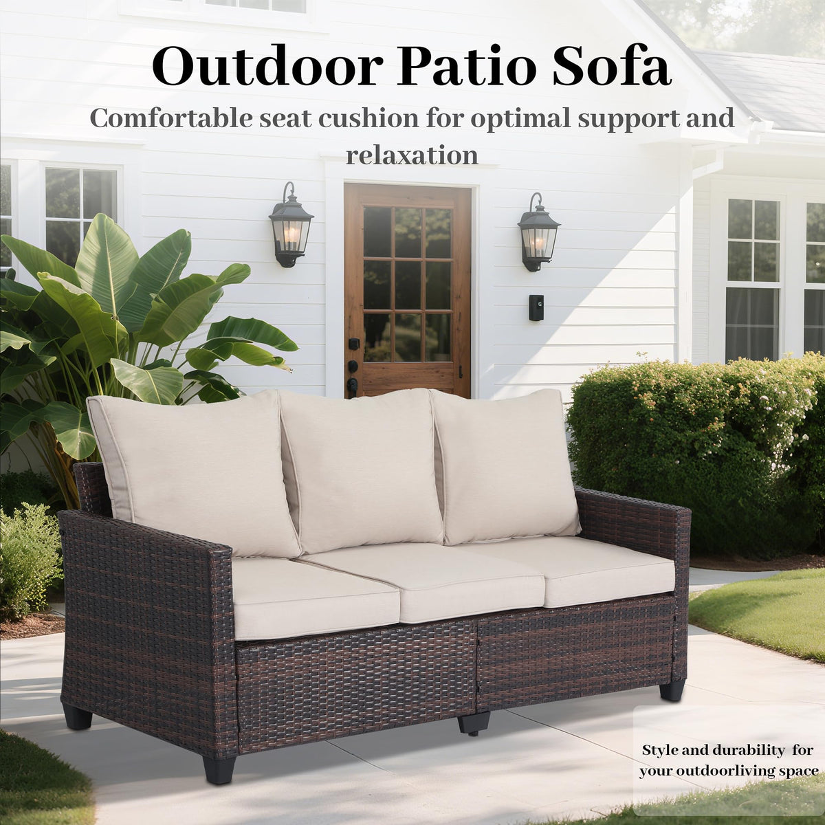 Rattan 3-Seater Outdoor Sofa with Blue Cushions U431917