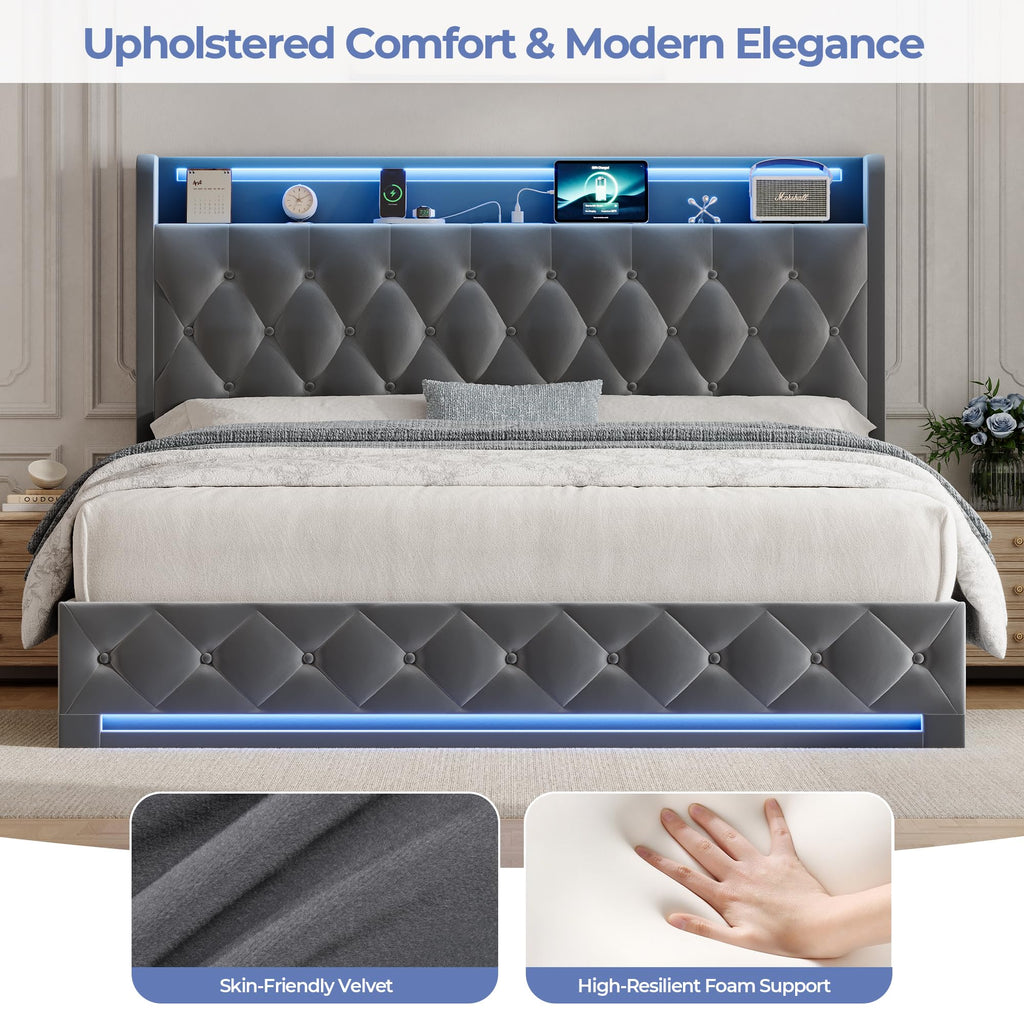 Full Size Hydraulic Lift Up Storage Bed Frame with Shelves, Side Pockets & Charging Station, Upholstered LED Platform Bed with Button Tufted Headboard, No Box Spring Needed, Velvet Grey Y1920