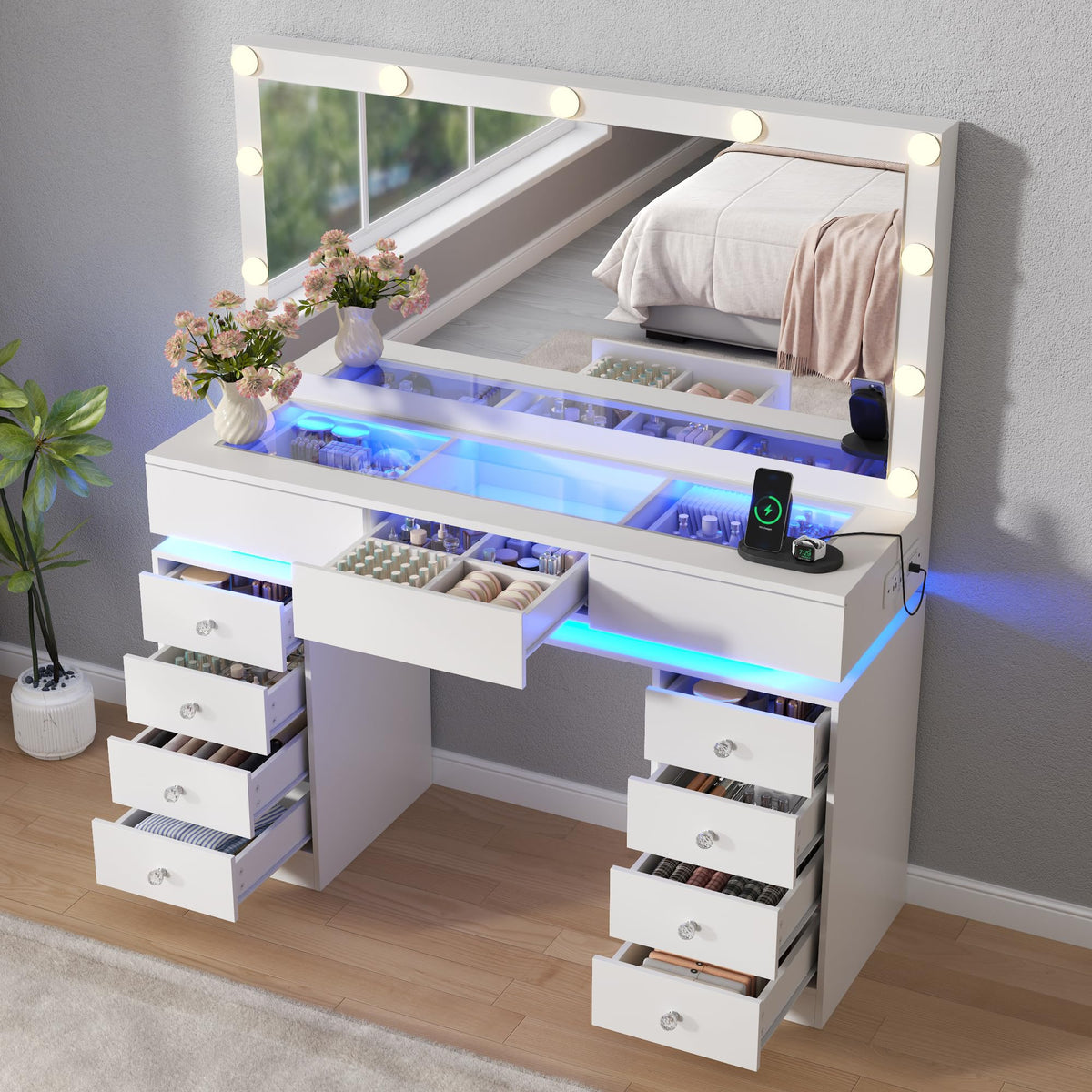 White Vanity Desk with Mirror and Lights B93744