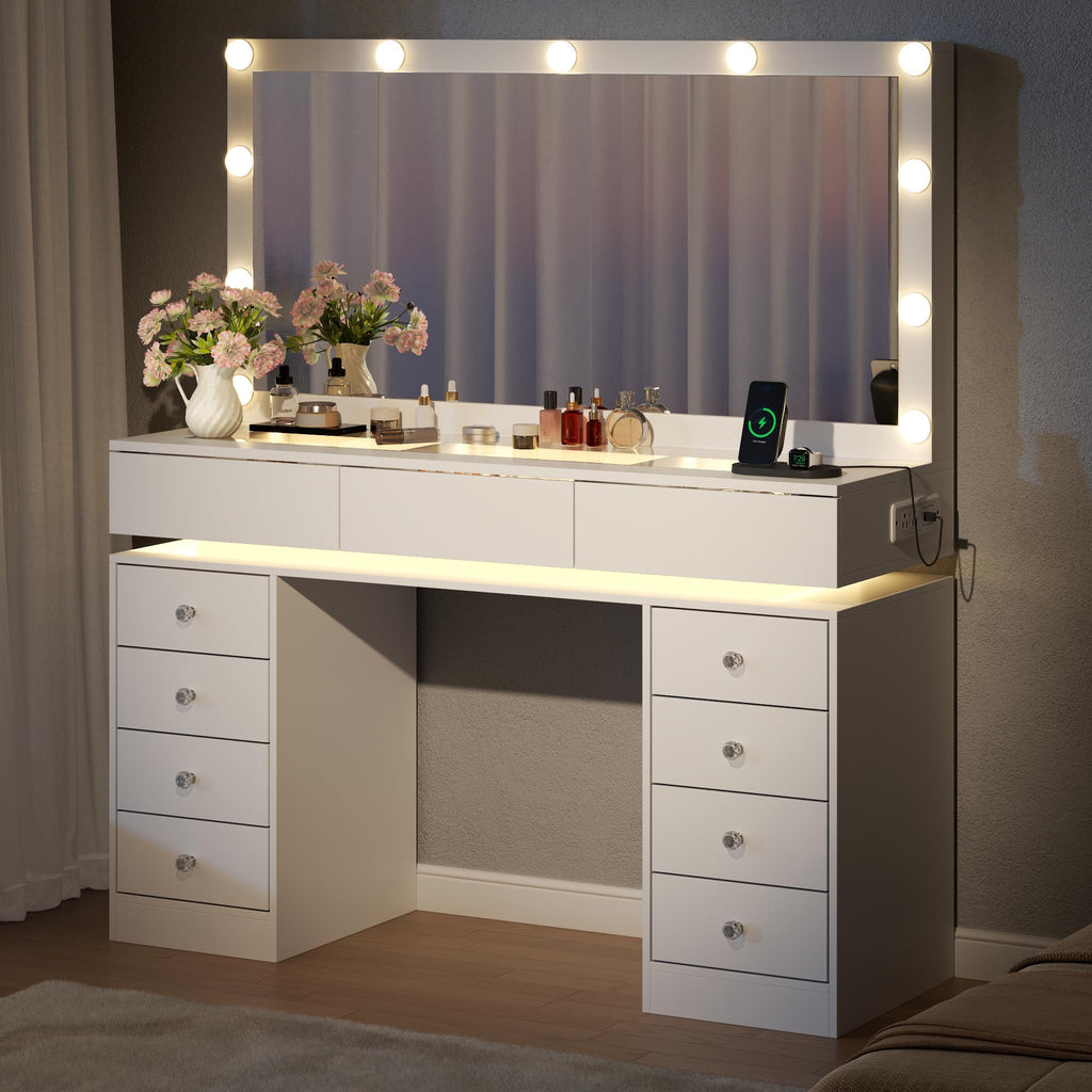 White Vanity Desk with Mirror and Lights B93744