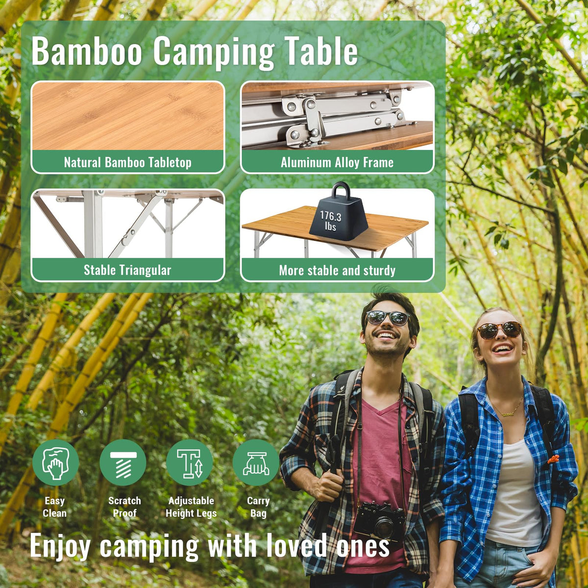 Folding Camping Table Bamboo Adjustable Portable Table C939186