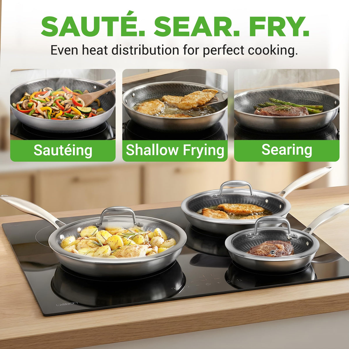 7-Piece Tri-Ply Stainless Steel Frying Pan Set & Wok P98085