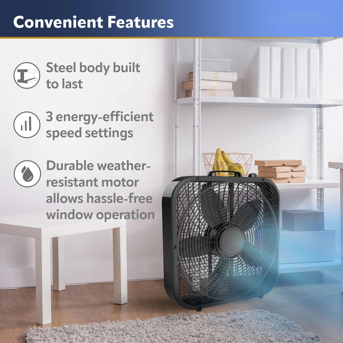 Black 20-inch 3-Speed Box Fan with Handle X88171