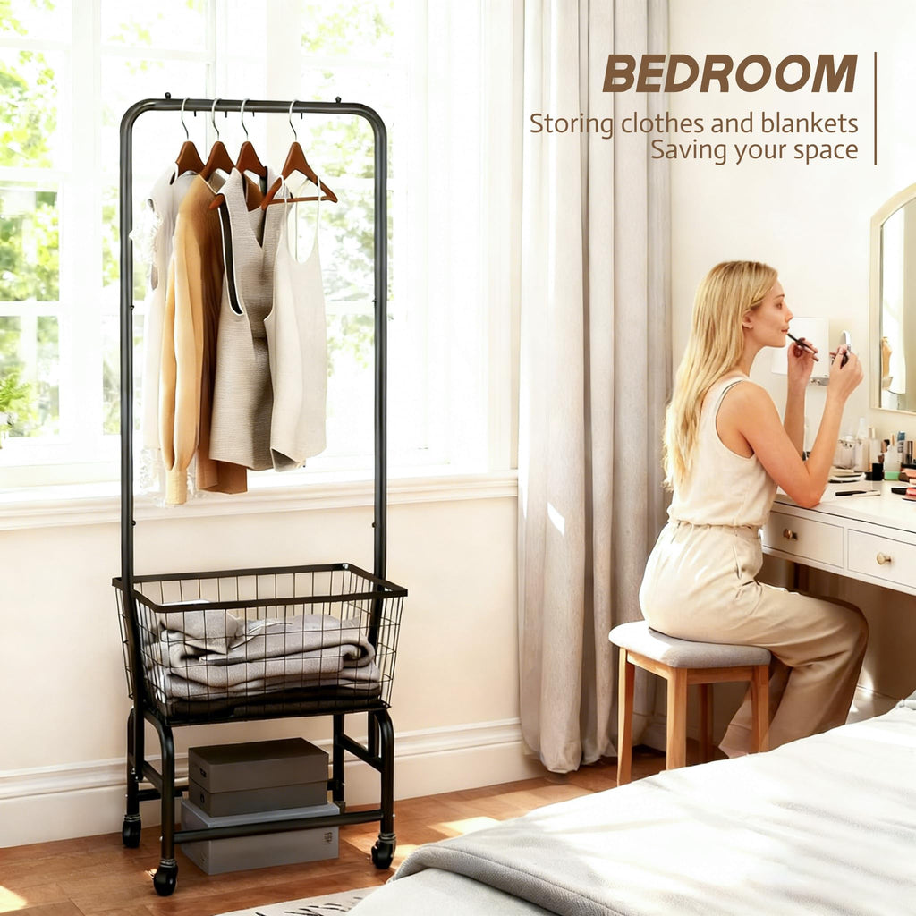 Black Rolling Laundry Cart with Hanging Rack B252368