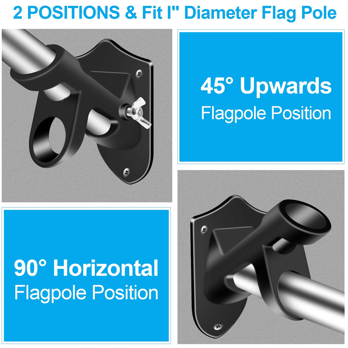 1" Flag Pole Holder Brackets with Hardwares, Two Positions Aluminium Alloy Rust Free Coated, Black 1 Pack L191806