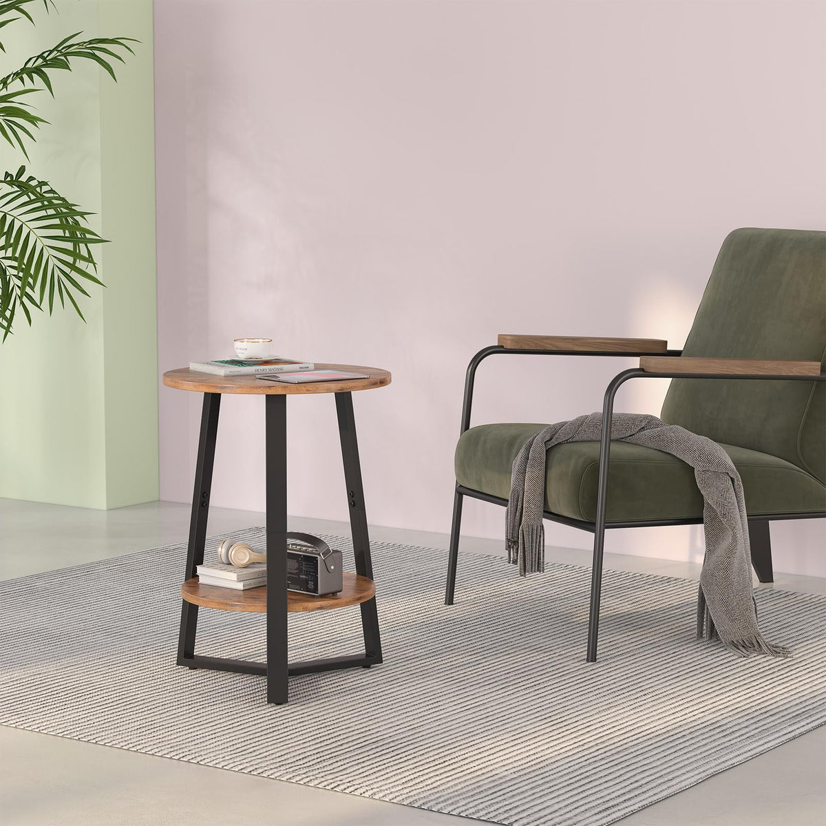 Small Round End Table Set of 2, 2 Tier Side Table with Storage Shelf, Rustic Brown X994481
