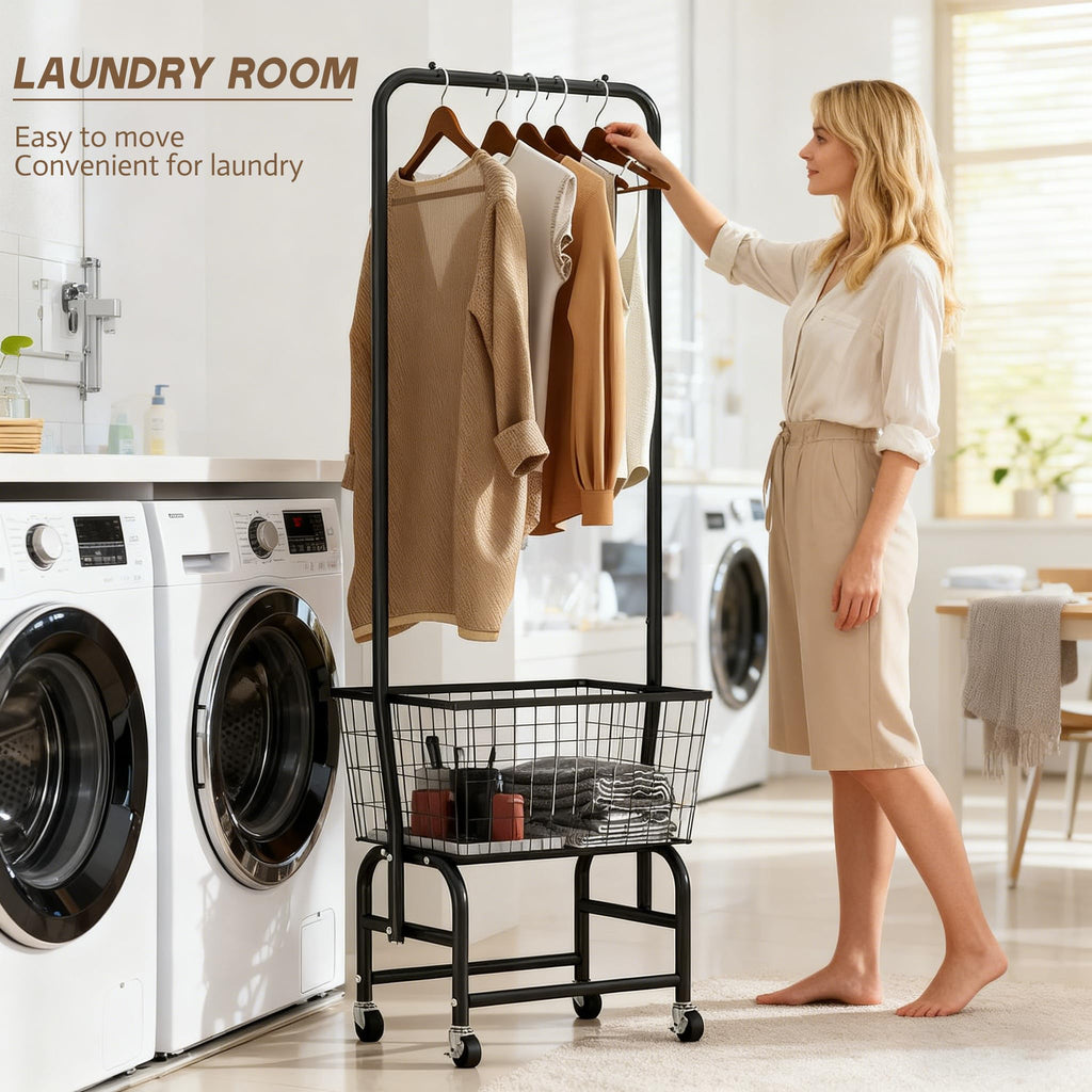 Black Rolling Laundry Cart with Hanging Rack B252368