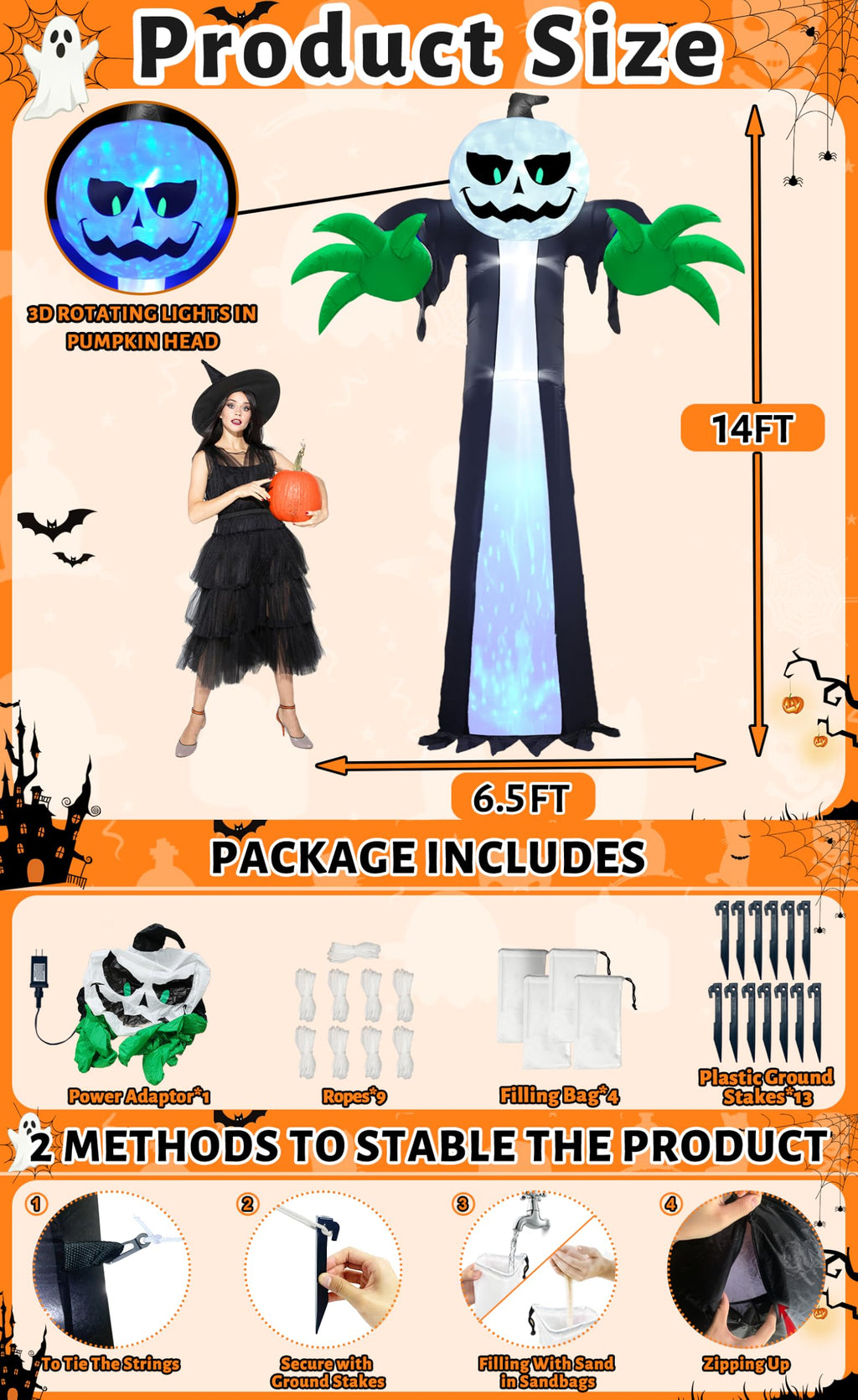 14 Ft Inflatable Pumpkin Ghost Decoration with Rotating LED Light Y1269