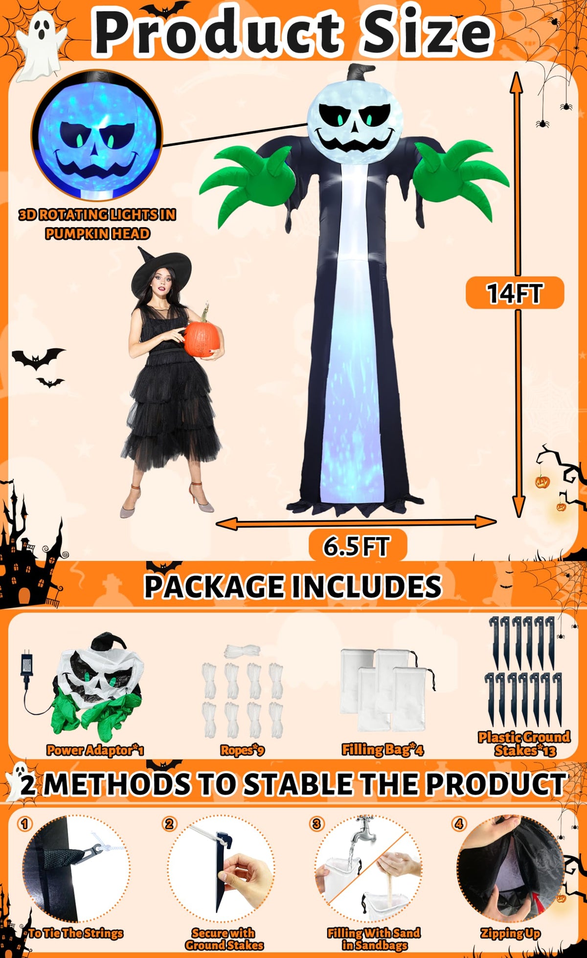 14 Ft Inflatable Pumpkin Ghost Decoration with Rotating LED Light Y1269