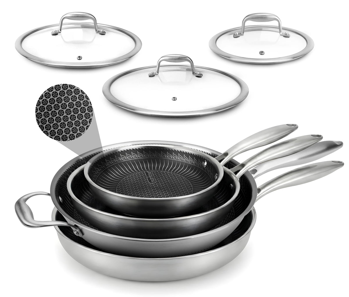 7-Piece Tri-Ply Stainless Steel Frying Pan Set & Wok P98085