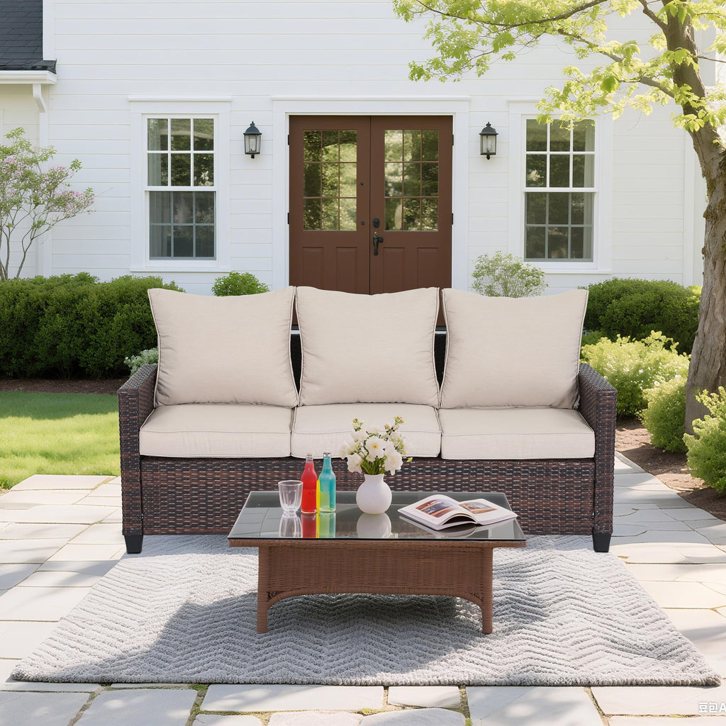 Rattan 3-Seater Outdoor Sofa with Blue Cushions U431917