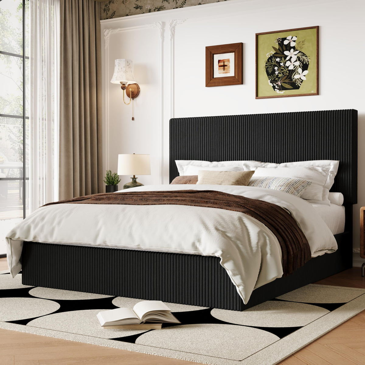 Queen Bed Frame with Adjustable Corduroy Headboard Q631