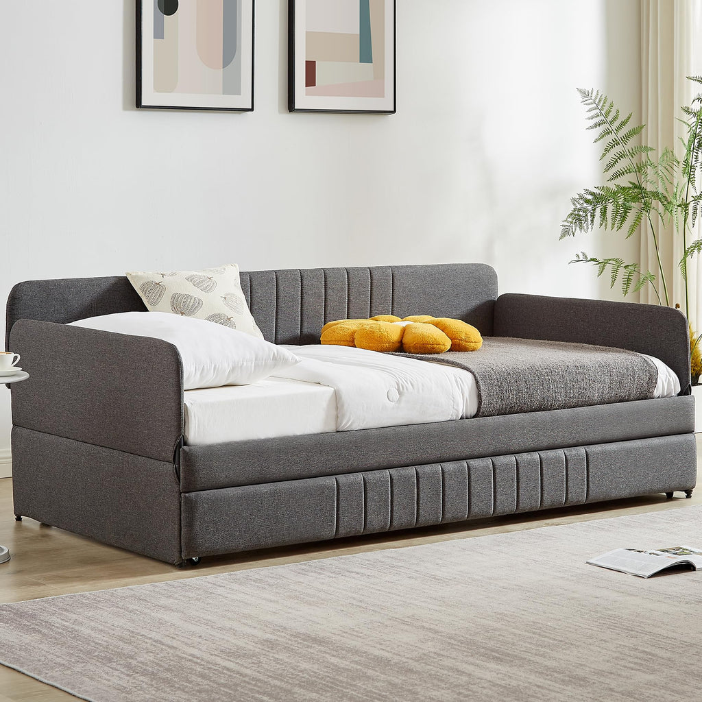 Twin Size Gray Linen Upholstered Daybed with Trundle F12437