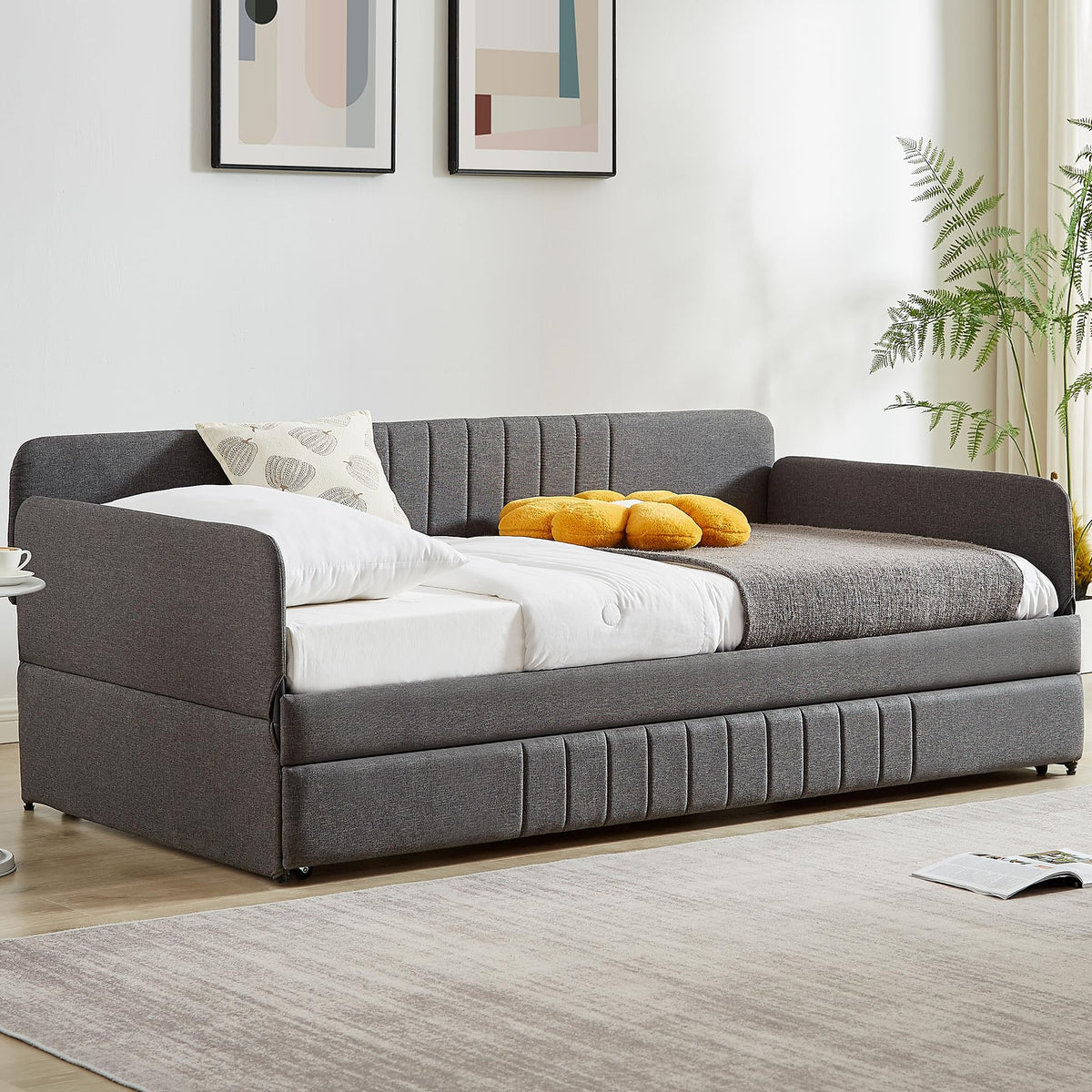 Twin Size Gray Linen Upholstered Daybed with Trundle F12437