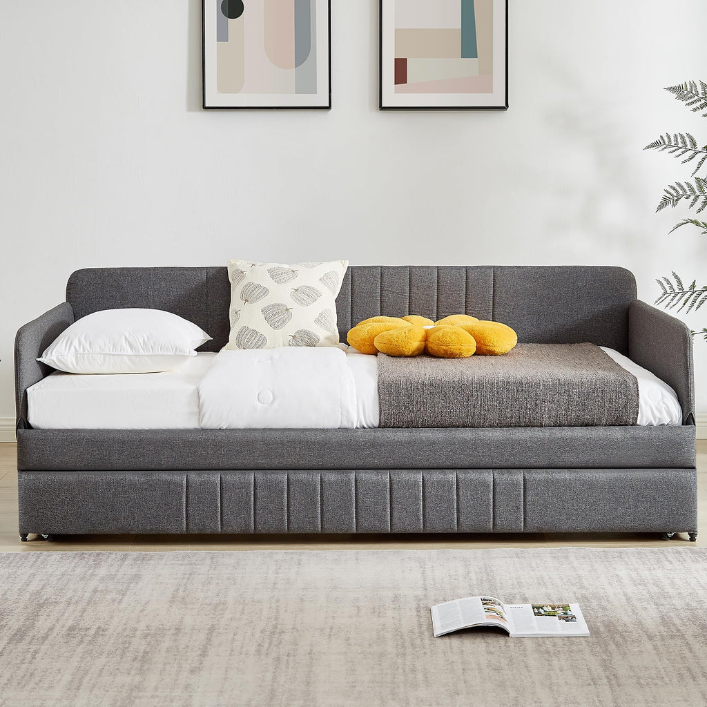Twin Size Gray Linen Upholstered Daybed with Trundle F12437