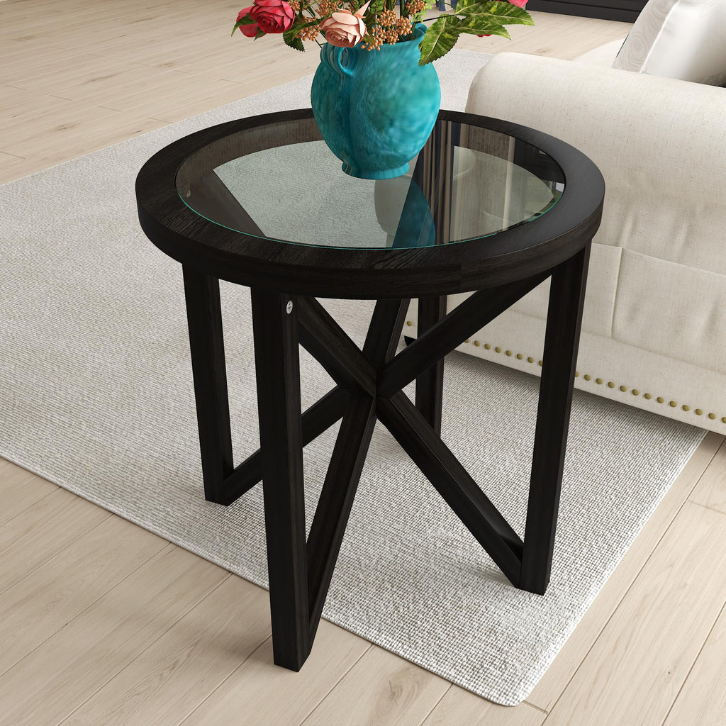 Black Tempered Glass Round Side Table N67739