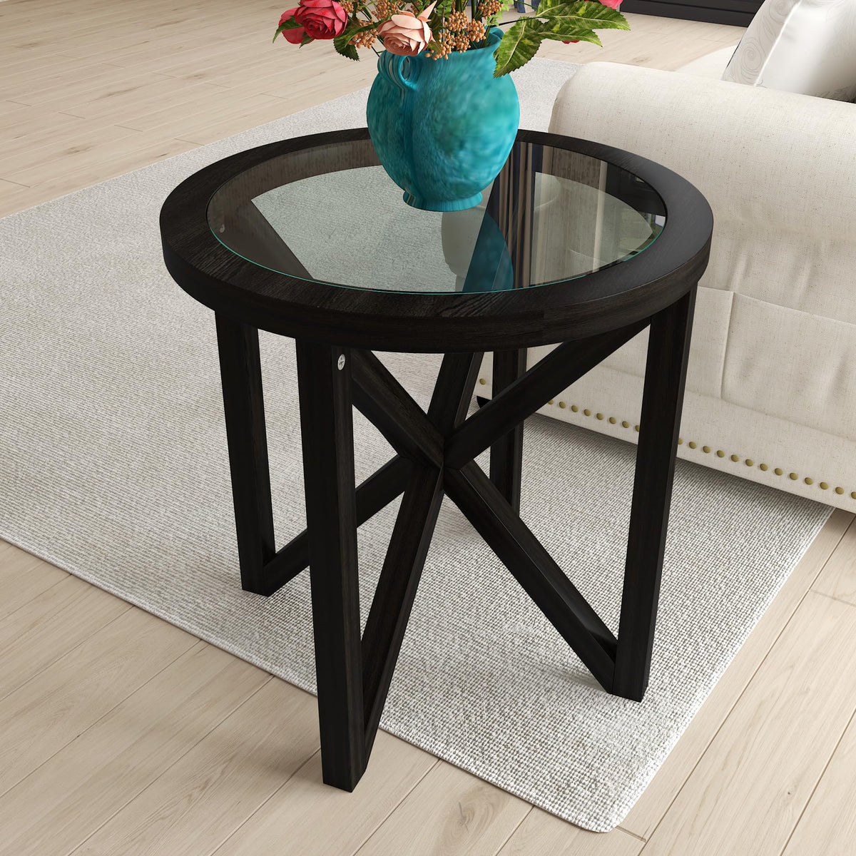 Black Tempered Glass Round Side Table N67739