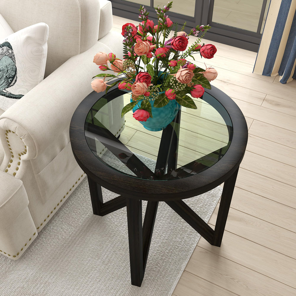 Black Tempered Glass Round Side Table N67739