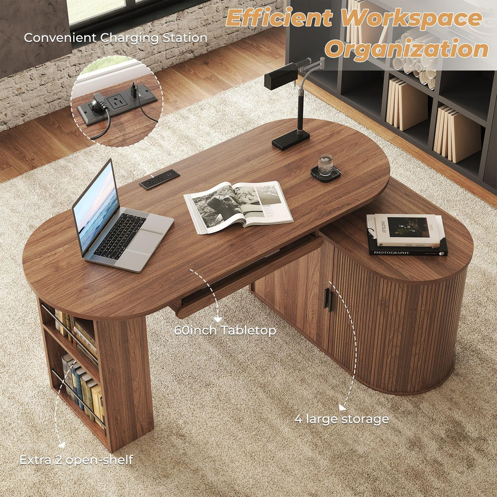 L Shaped Corner Desk with Storage Cabinet Walnut 60 Inch R434114
