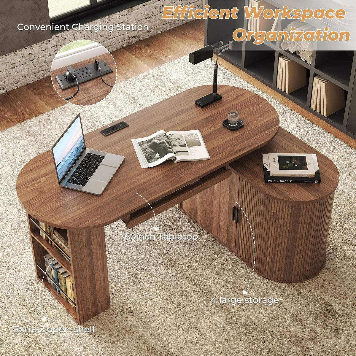L Shaped Corner Desk with Storage Cabinet Walnut 60 Inch R434114