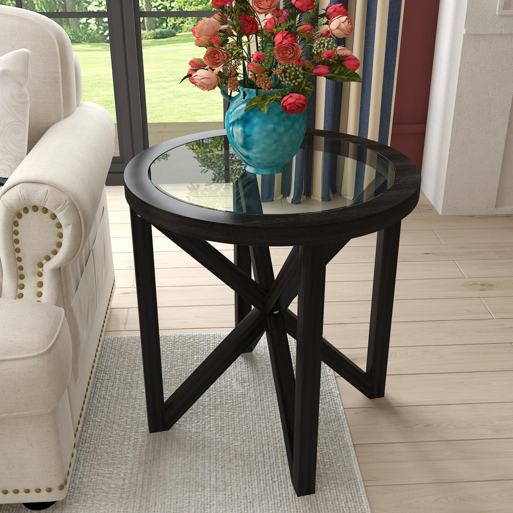 Black Tempered Glass Round Side Table N67739