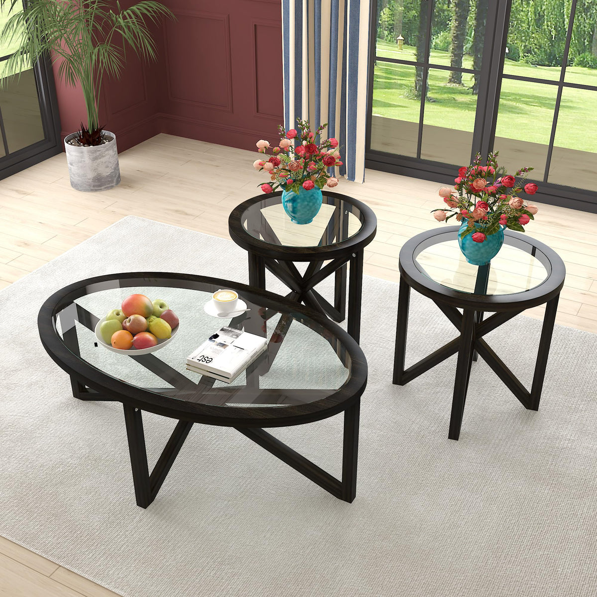 Black Tempered Glass Round Side Table N67739