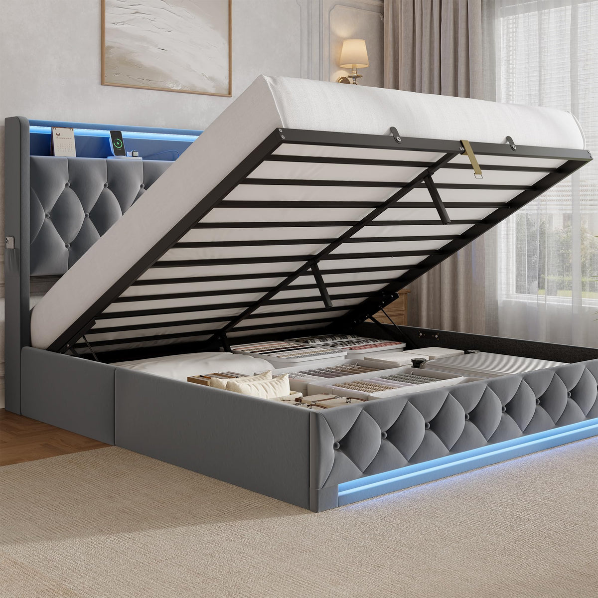 Full Size Hydraulic Lift Up Storage Bed Frame with Shelves, Side Pockets & Charging Station, Upholstered LED Platform Bed with Button Tufted Headboard, No Box Spring Needed, Velvet Grey Y1920